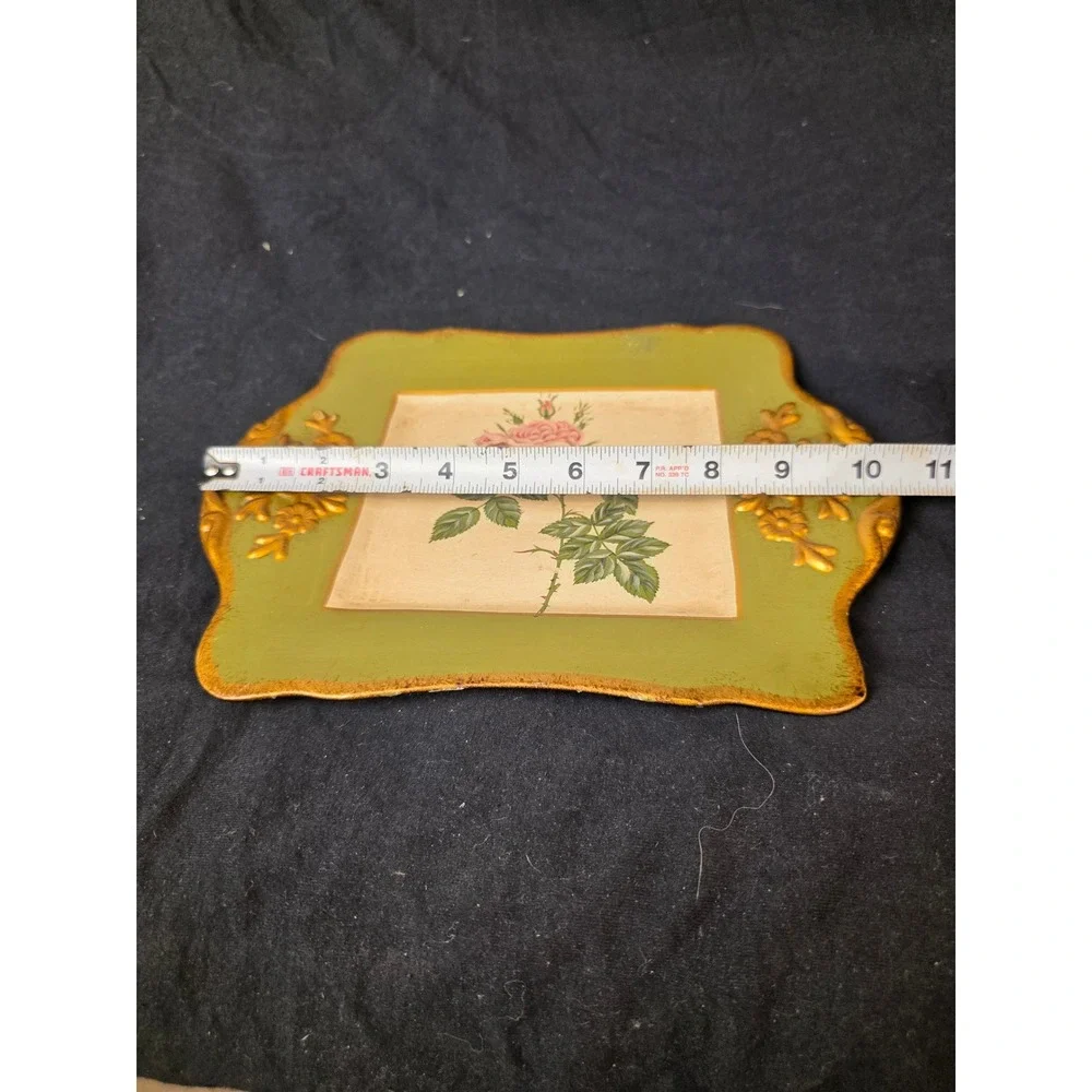 Vintage‎ Style Pink Rose Decorative Tray Sage Green Gold Floral Scalloped Edge